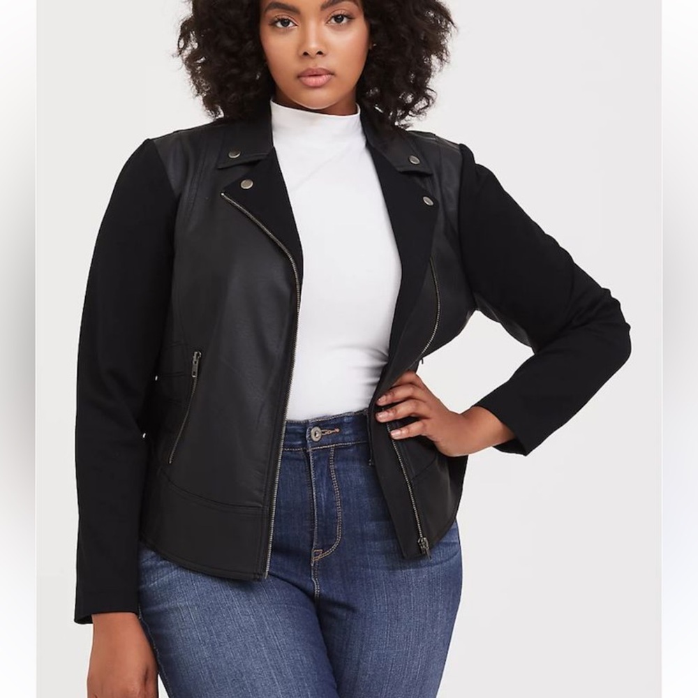 Torrid Black Faux Leather Moto Jacket Asymmetrical Zipper Quilted Sleeves